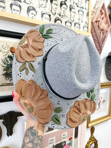 Gray extra wide brim hat with brown florals (adjustable)