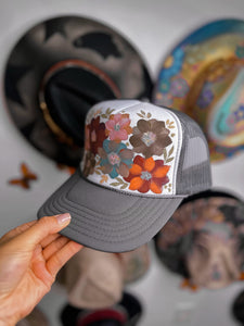 Gray floral trucker hat