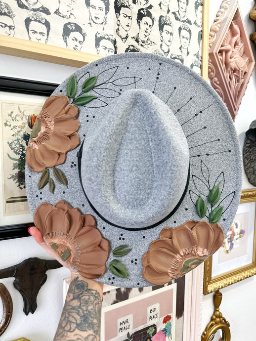 Gray extra wide brim hat with brown florals (adjustable)