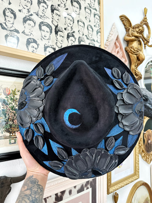 Color shifting moon black floral hat: