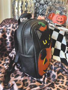 Black cat in pumpkin backpack