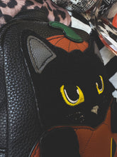 Black cat in pumpkin backpack