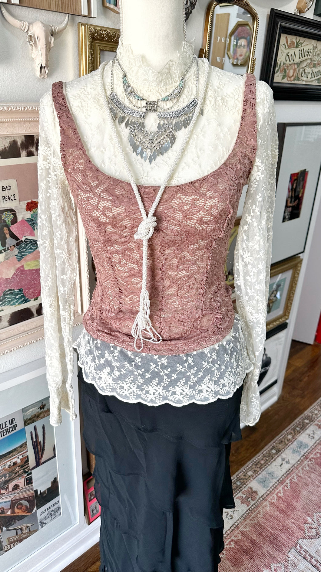 Whimsigoth free people top, Japanese lace top and 2 necklaces