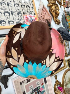 Brown cowgirl hat with blush coral and turquoise