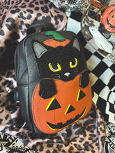 Black cat in pumpkin backpack