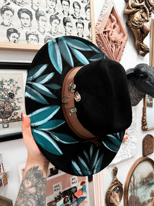 Black turquoise teal boho western flat brim hat