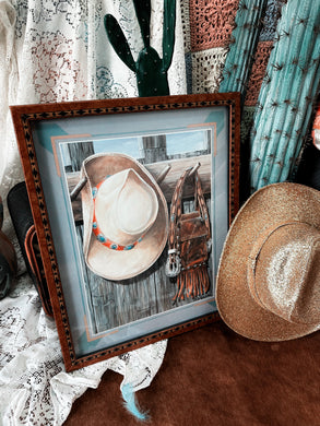 Framed vintage western cowgirl art in unique frame (18x24 inches)