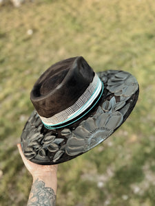 Black florals Burberry outlaw hat with Japanese glowing crystal