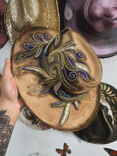 Rare gold beaded work tan with blue around entire hat