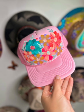 Pink floral trucker hat