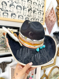 Black and cream with mustard and pink outlaw hat with genuine turquoise stones