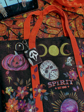 Handpainted large retro witchy spooky Halloween tote with mystery ghost bag charm
