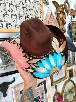 Brown cowgirl hat with turquoise and coral blush pink florals