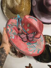 Pink soft velvet with turquoise and silver butterfly outlaw hat