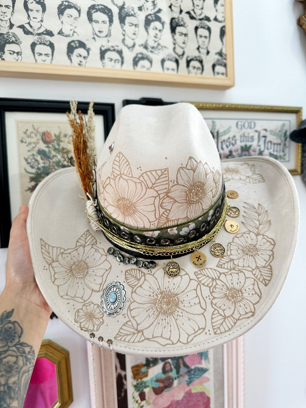 Tattooed cowgirl outlaw hat (top, front and back)
