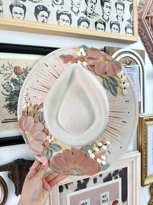 Ivory hat with mauve peach, green and gold