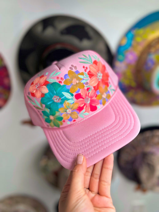 Pink floral trucker hat