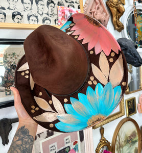 Brown cowgirl hat with blush coral and turquoise