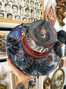 Color shifting shimmer metallic witch hat with genuine crystals- top and bottom painted