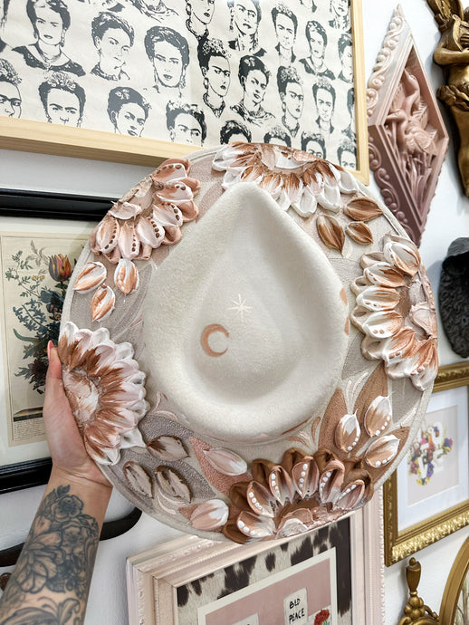 Ivory neutral blush pink and tan moon hat