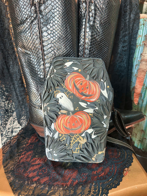 Black hand painted spooky coffin bag