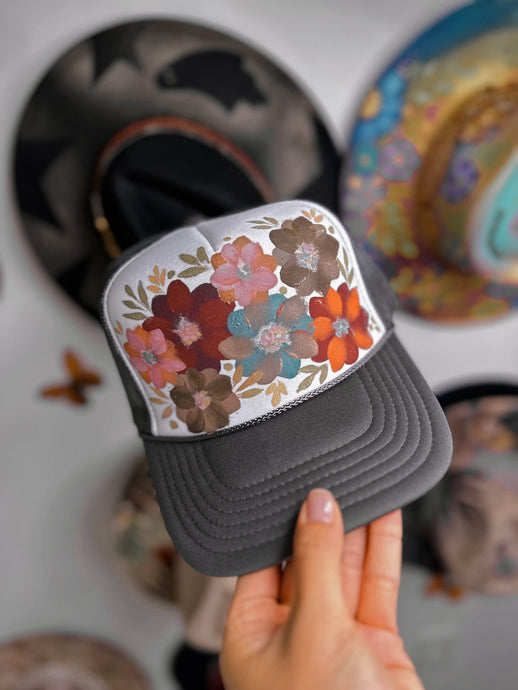 Gray floral trucker hat