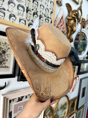 Tan beaded outlaw tattooed cactus hat on both sides