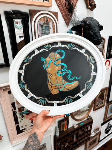 Hand painted framed mustard boot with longhorn and snakes