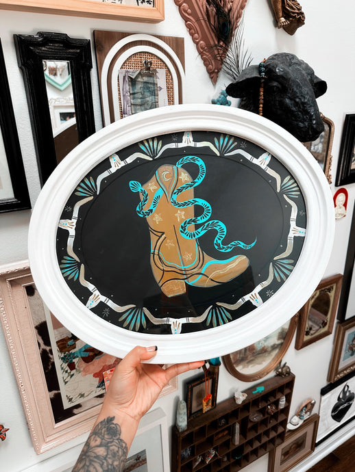 Hand painted framed mustard boot with longhorn and snakes