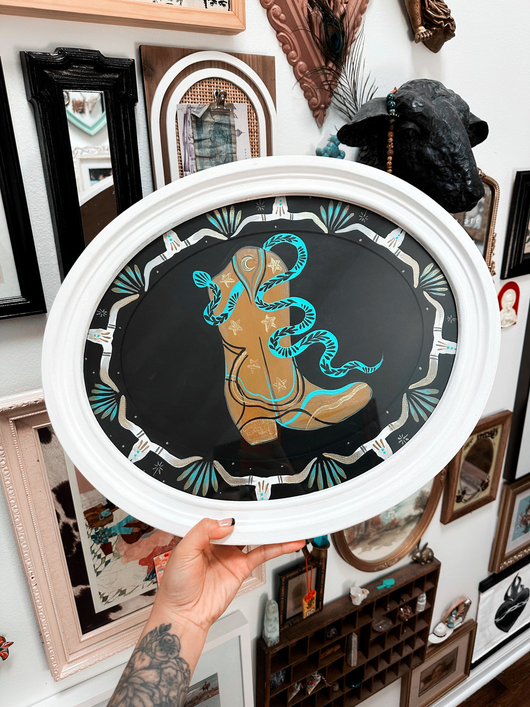 Hand painted framed mustard boot with longhorn and snakes