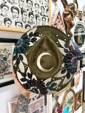 Olive green jewel tones with gold moon hat