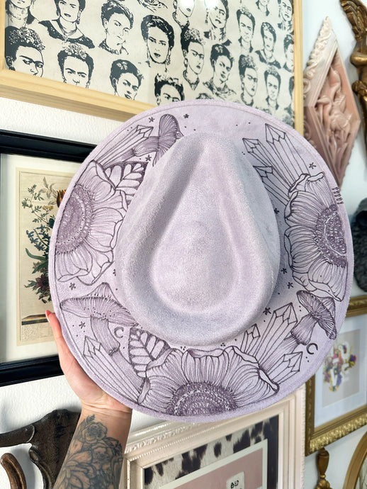 Light purple tattooed mushroom with crystals hat