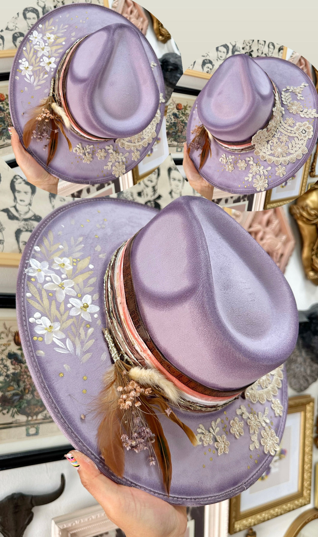 Lilac outlaw beaded and white florals hat