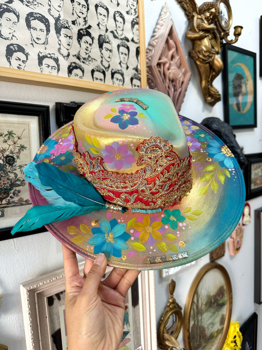 Colorful boho hat top and bottom painted