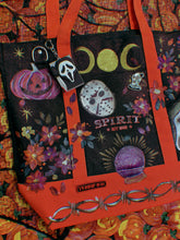 Handpainted large retro witchy spooky Halloween tote with mystery ghost bag charm