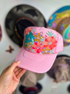 Pink floral trucker hat