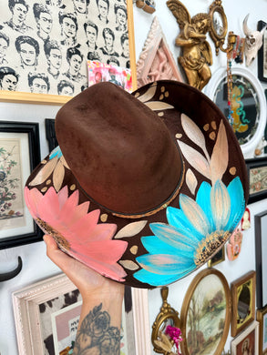 Brown cowgirl hat with blush coral and turquoise