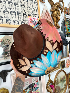 Brown cowgirl hat with turquoise and coral blush pink florals