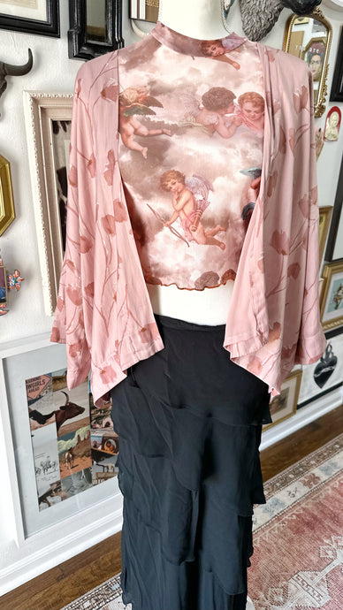 Cottagecore Whimsigoth angel sheer top and satin pink kimono size M