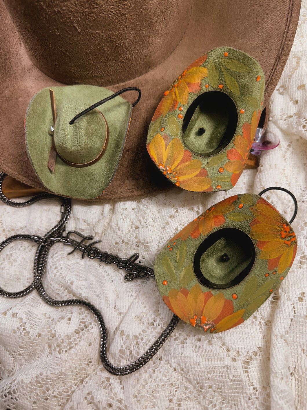 Green and yellow cowgirl hat ornament/ car charm