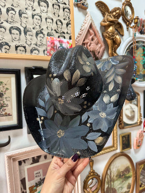 Black Straw Alternative Cowgirl Floral hat size 57cm