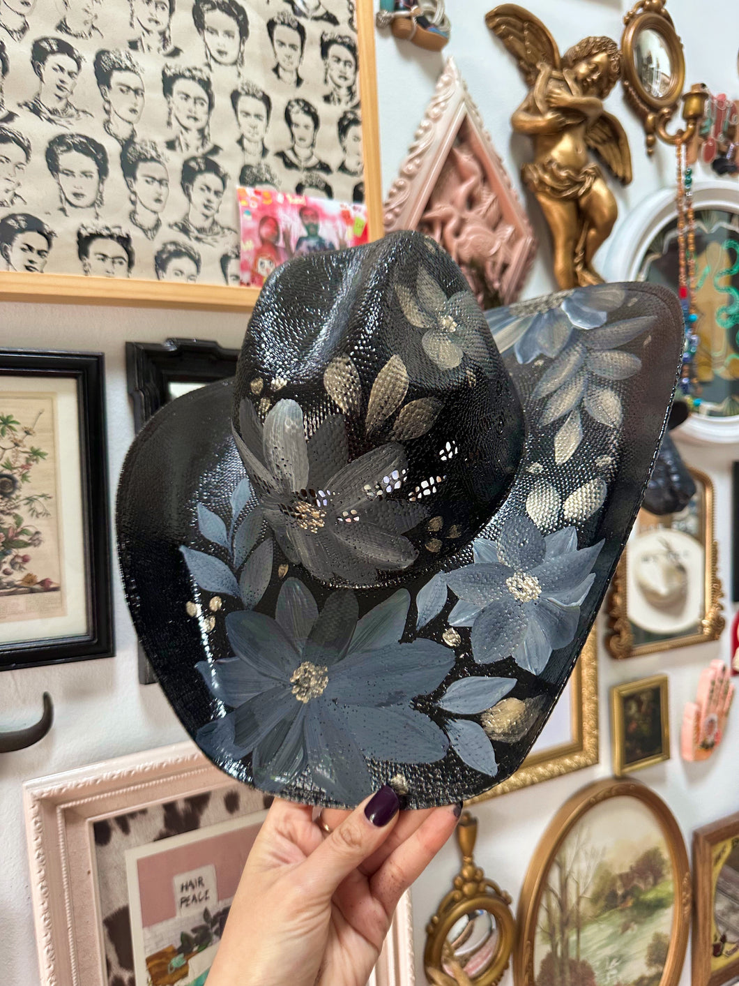 Black Straw Alternative Cowgirl Floral hat size 57cm