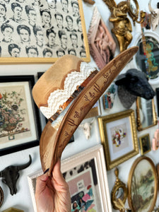 Tan beaded outlaw tattooed cactus hat on both sides