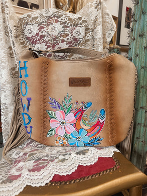 Tan fringe: Howdy tattooed cowgirl crossbody purse