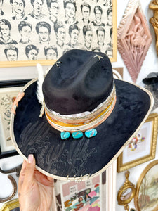 Black and cream with mustard and pink outlaw hat with genuine turquoise stones