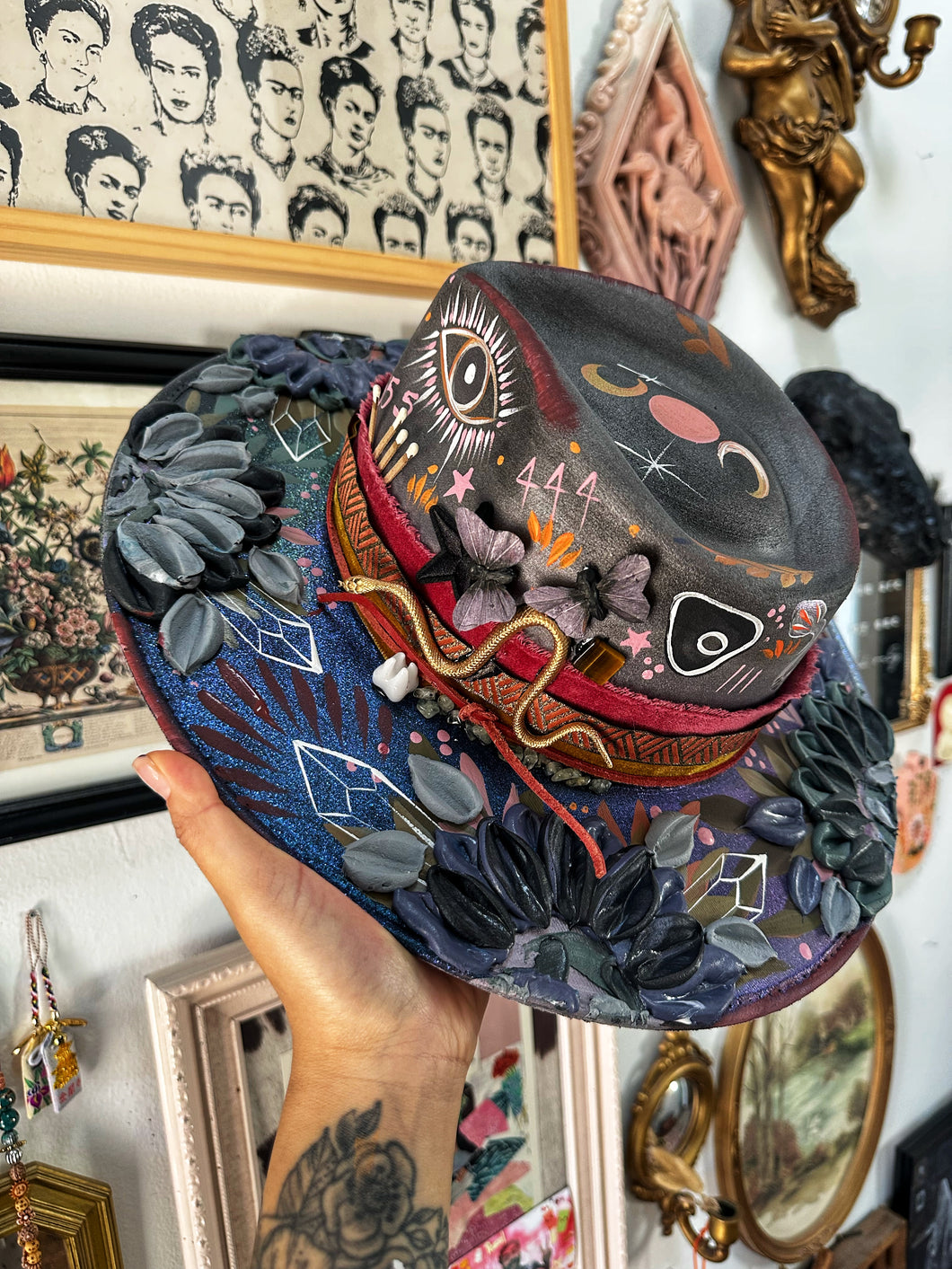 Color shifting shimmer metallic witch hat with genuine crystals- top and bottom painted