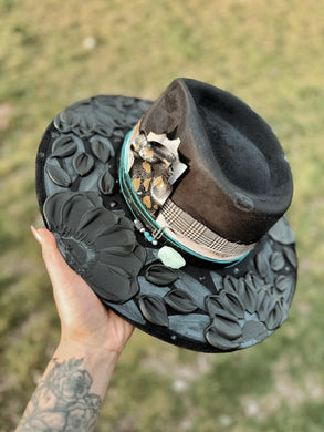 Black florals Burberry outlaw hat with Japanese glowing crystal
