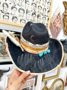 Black and cream with mustard and pink outlaw hat with genuine turquoise stones