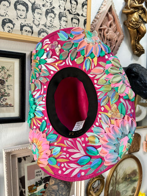 Pink colorful floral cowgirl hat with butterflies