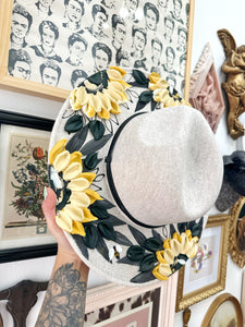 Oatmeal colored hat extra wide brim sunflowers
